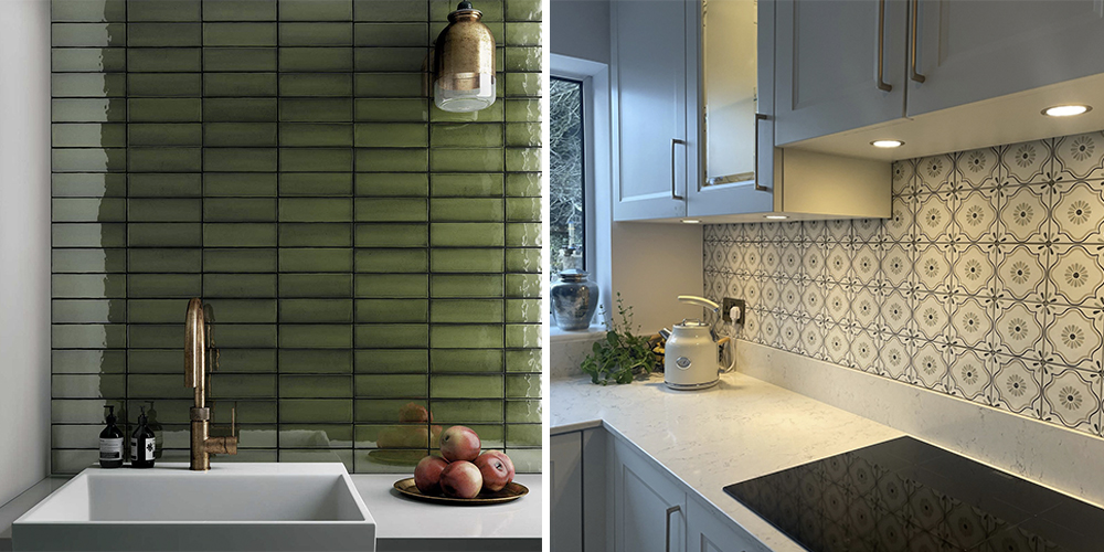 (Left) Horizontal Babylon olive metro tiles, (Right) Wentworth flower patterned wall tiles